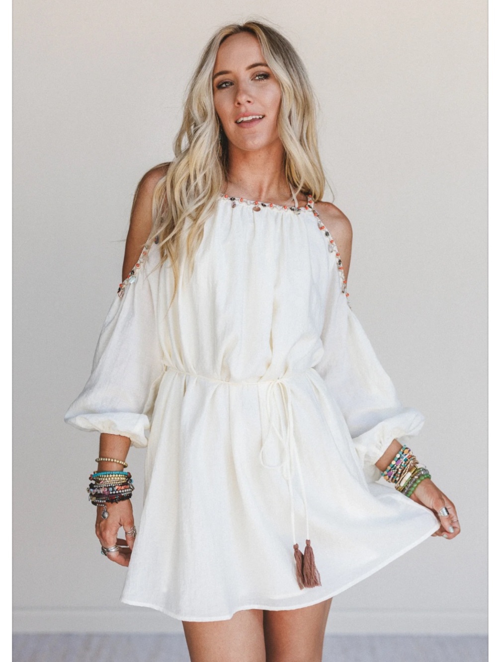 Three Bird Nest Cream Cold-Shoulder Boho Dress with Tassel